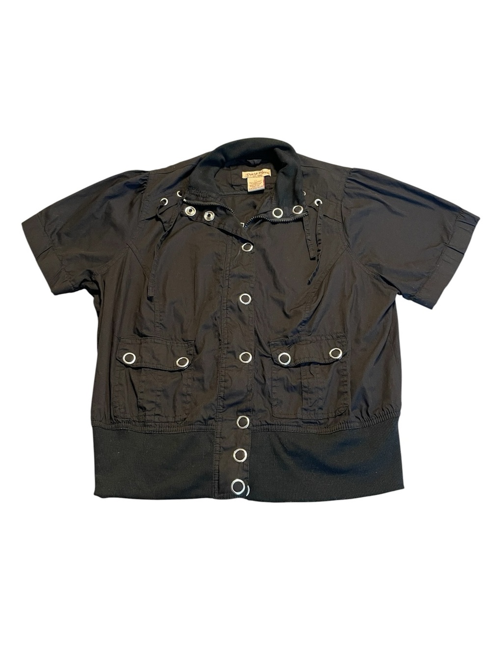 Paris Blues Black Short-Sleeve Bomber Jacket with Grommet Details Y2K Grunge
